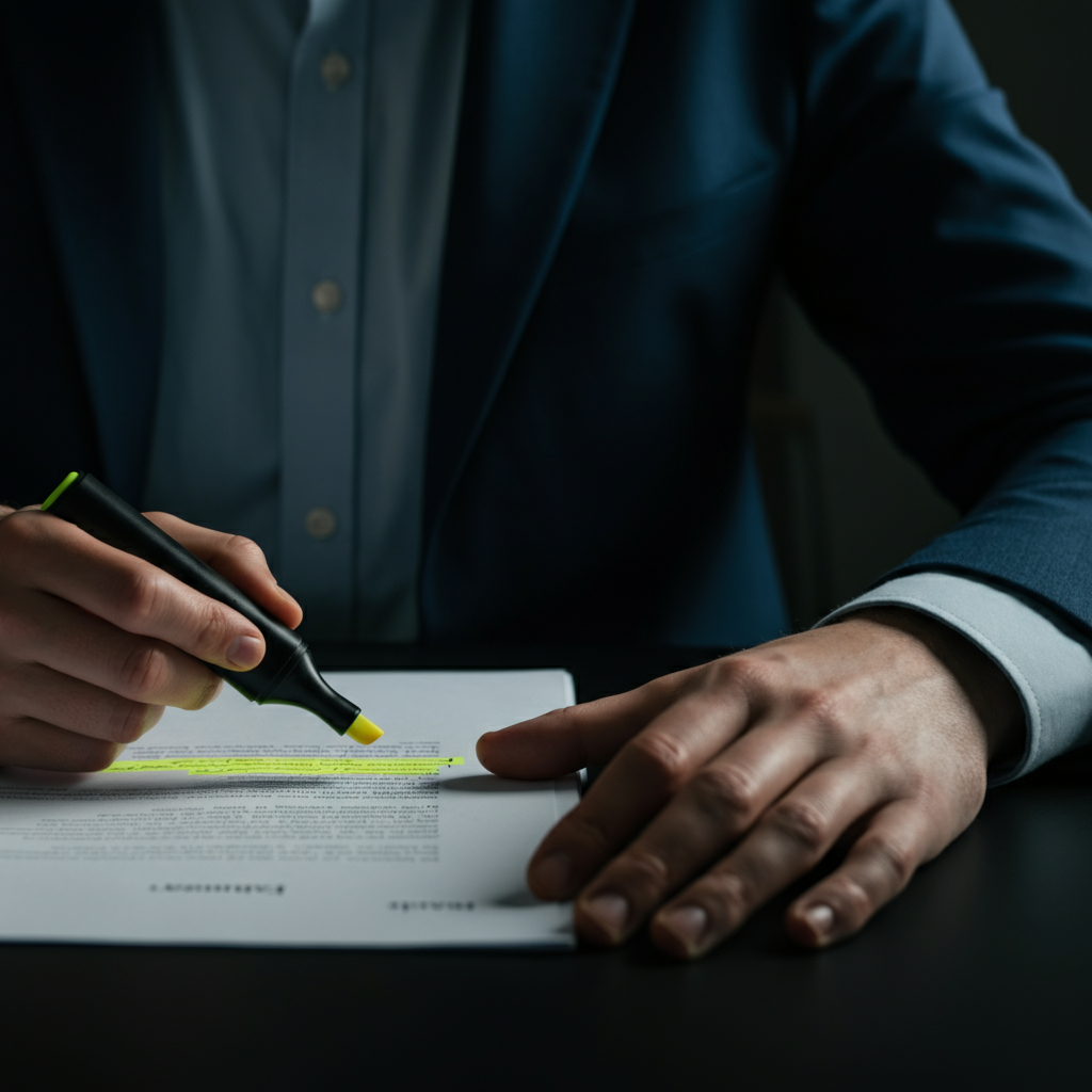 Close-up of a hand highlighting key clauses in a legal document with a yellow highlighter, shallow depth of field, soft side lighting.