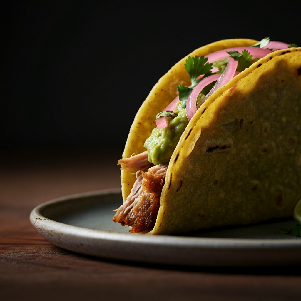Close-up shot of a Green Chile Pork Missionary Style taco, side-lit to highlight the textures of the corn and flour tortillas, with visible layers of pork, guacamole, and pickled onions. Soft bokeh background.
