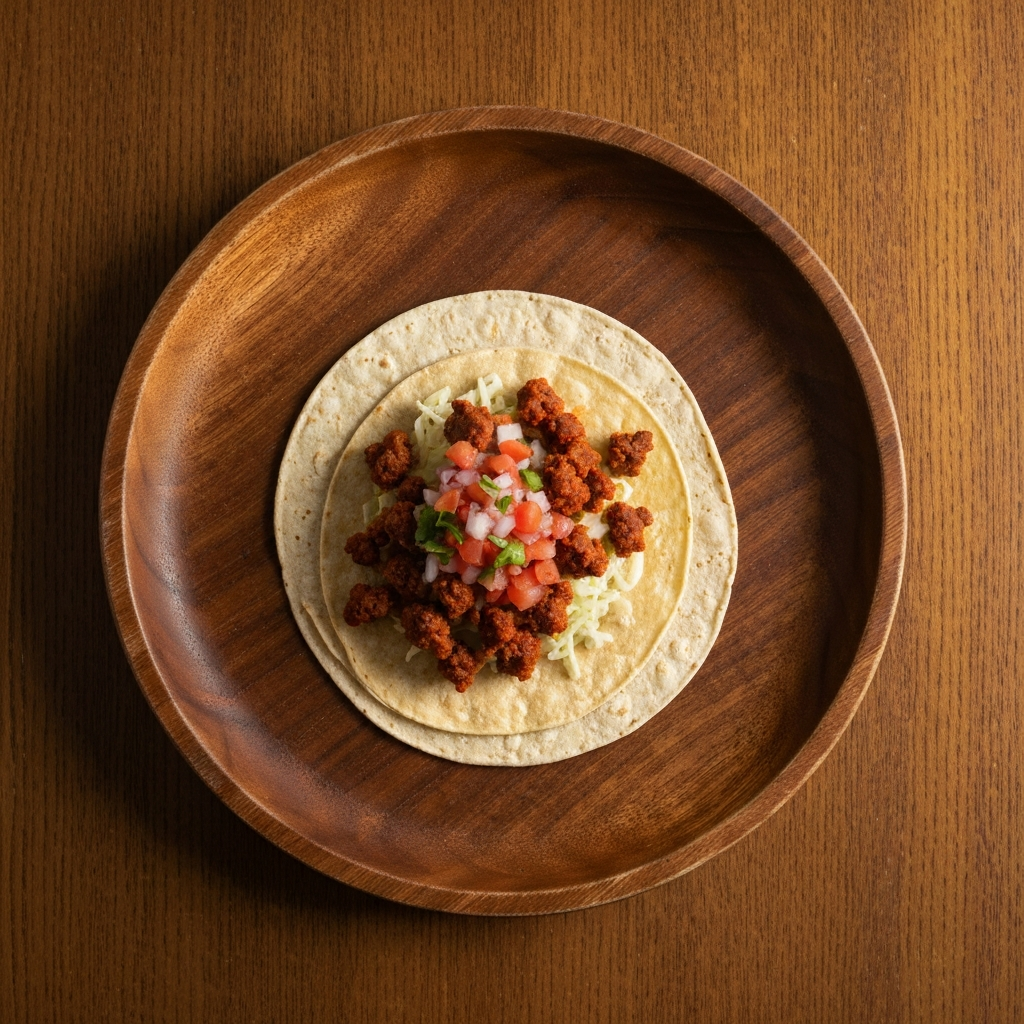 An overhead shot of a Trailer Park Hillbilly Style taco on a rustic wooden plate, surrounded by a few stray pieces of chorizo and pico de gallo. Warm, inviting lighting from above.