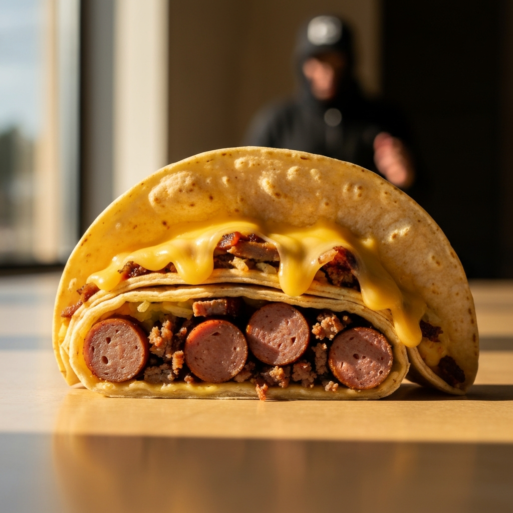 A side view of an Ace of Spades taco, cut in half to reveal the layers of ingredients. Focus is on the melted cheese and the visible texture of the brisket and sausage. Natural light streaming in from a nearby window.
