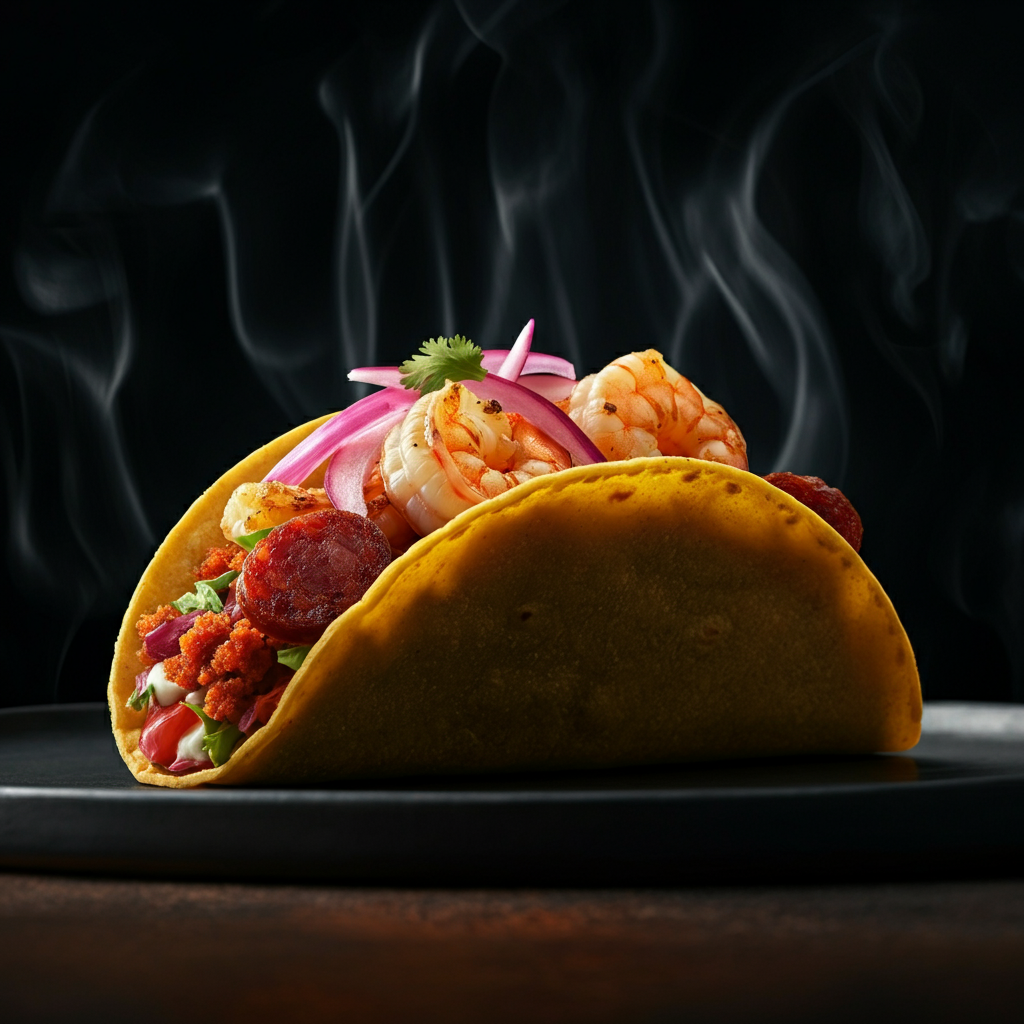 Close-up of a Naughty Santa taco, showing the glistening shrimp and the contrasting colors of the chorizo and pickled onions. Shallow depth of field to emphasize the taco.
