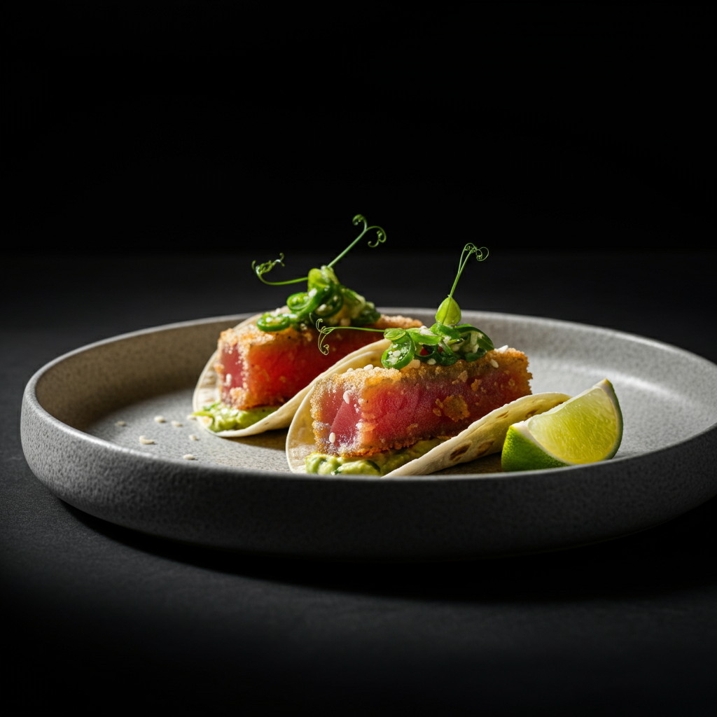 A plate with two Hipster tacos, arranged diagonally, with a lime wedge beside them. Focus is on the crispy texture of the panko-fried tuna. Soft, diffused lighting.