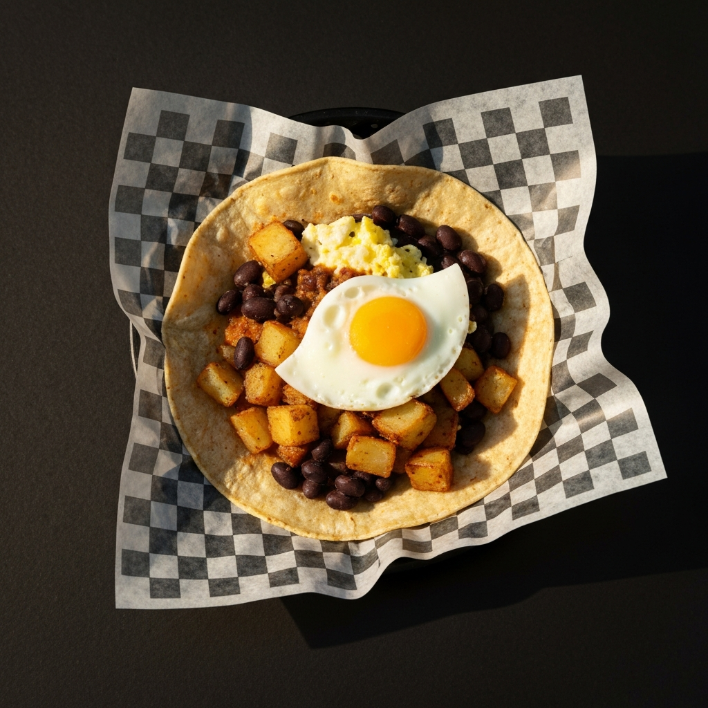 An overhead shot of a Jack of Clubs taco on a checkered paper liner, showing the visible layers of potatoes, egg, and black beans. Warm, natural light creates a cheerful atmosphere.