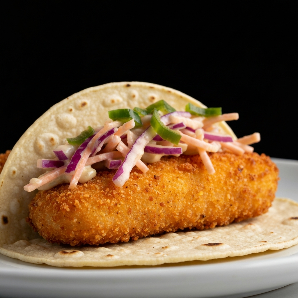 A close-up of an Alabama Shake taco, highlighting the crispy texture of the cornmeal-crusted catfish and the vibrant colors of the poblano slaw. Shallow depth of field.