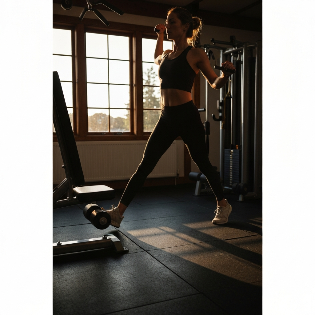A well-equipped home gym with natural light streaming through a window. Focus on the textures of the equipment and the healthy glow of someone engaged in a light workout. Clean lines and organized space.