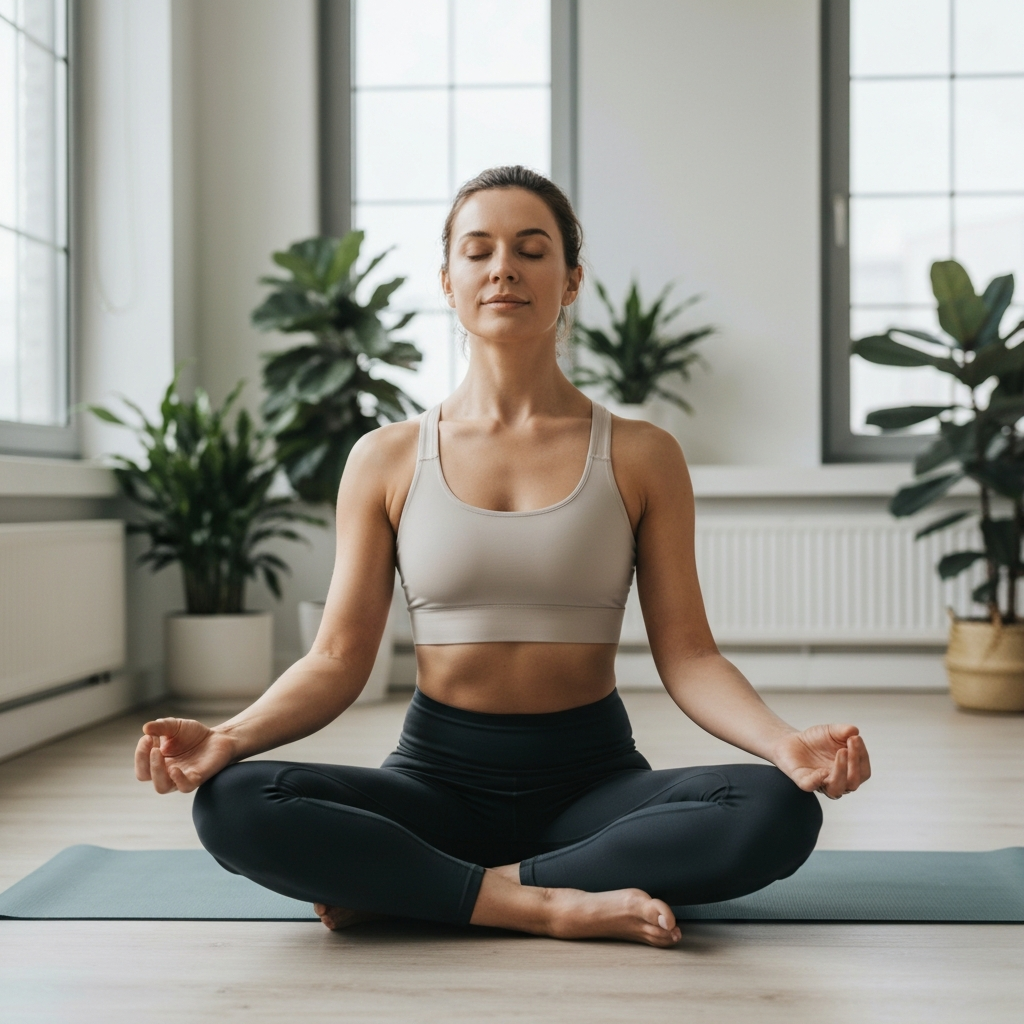 A serene yoga studio with soft, natural lighting. A person is peacefully meditating, with focus on their relaxed posture and calm expression. Plants in the background add to the calming atmosphere.
