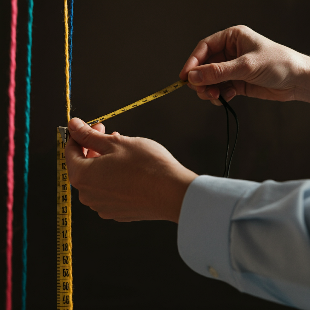 Hands holding a measuring tape against a colorful length of string. The backdrop is blurred, creating a shallow depth of field and focusing on the action of measuring.