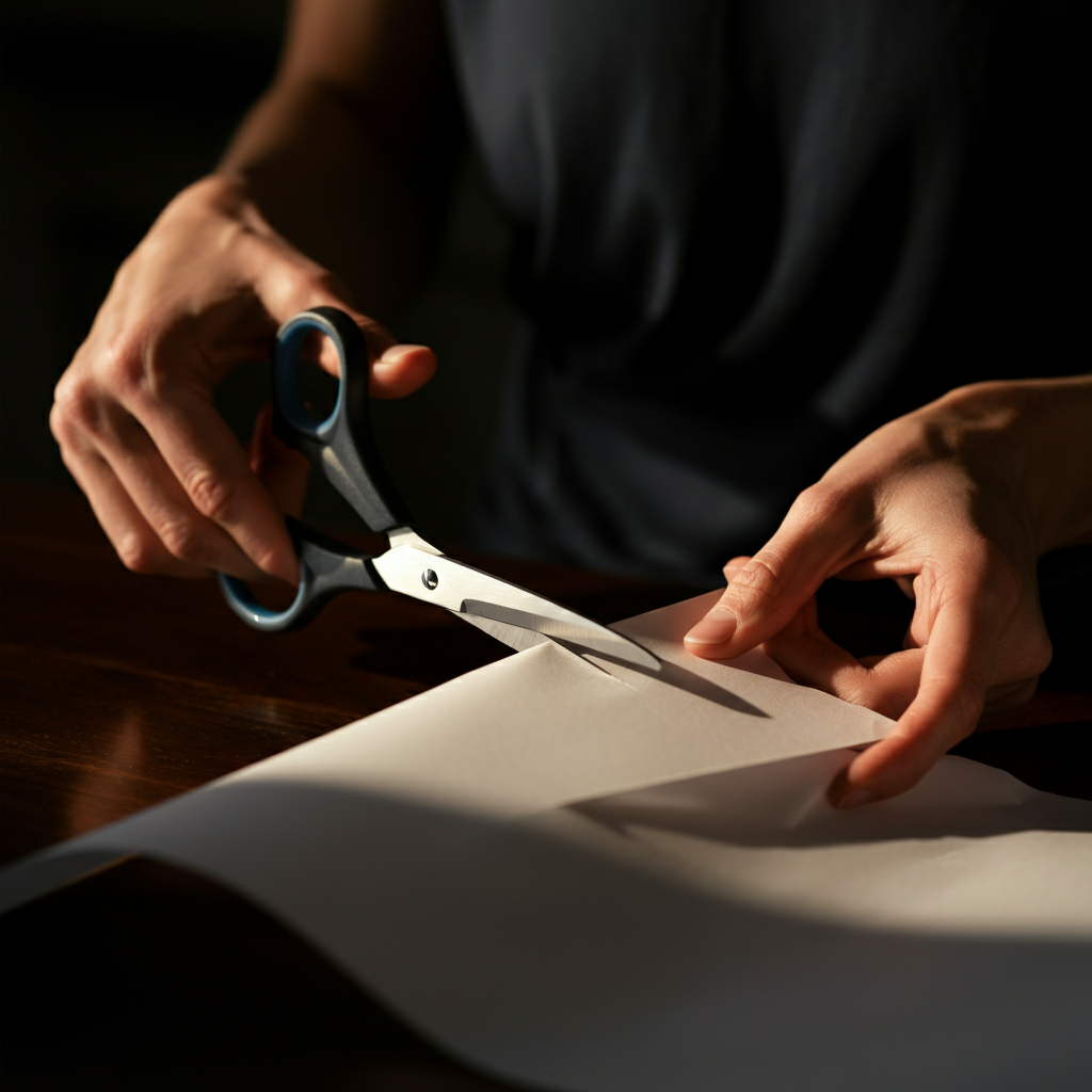 Hands carefully cutting a paper heart shape with scissors. Golden hour lighting creates warm shadows and highlights the detail of the paper's texture. The scissors are modern and ergonomic.