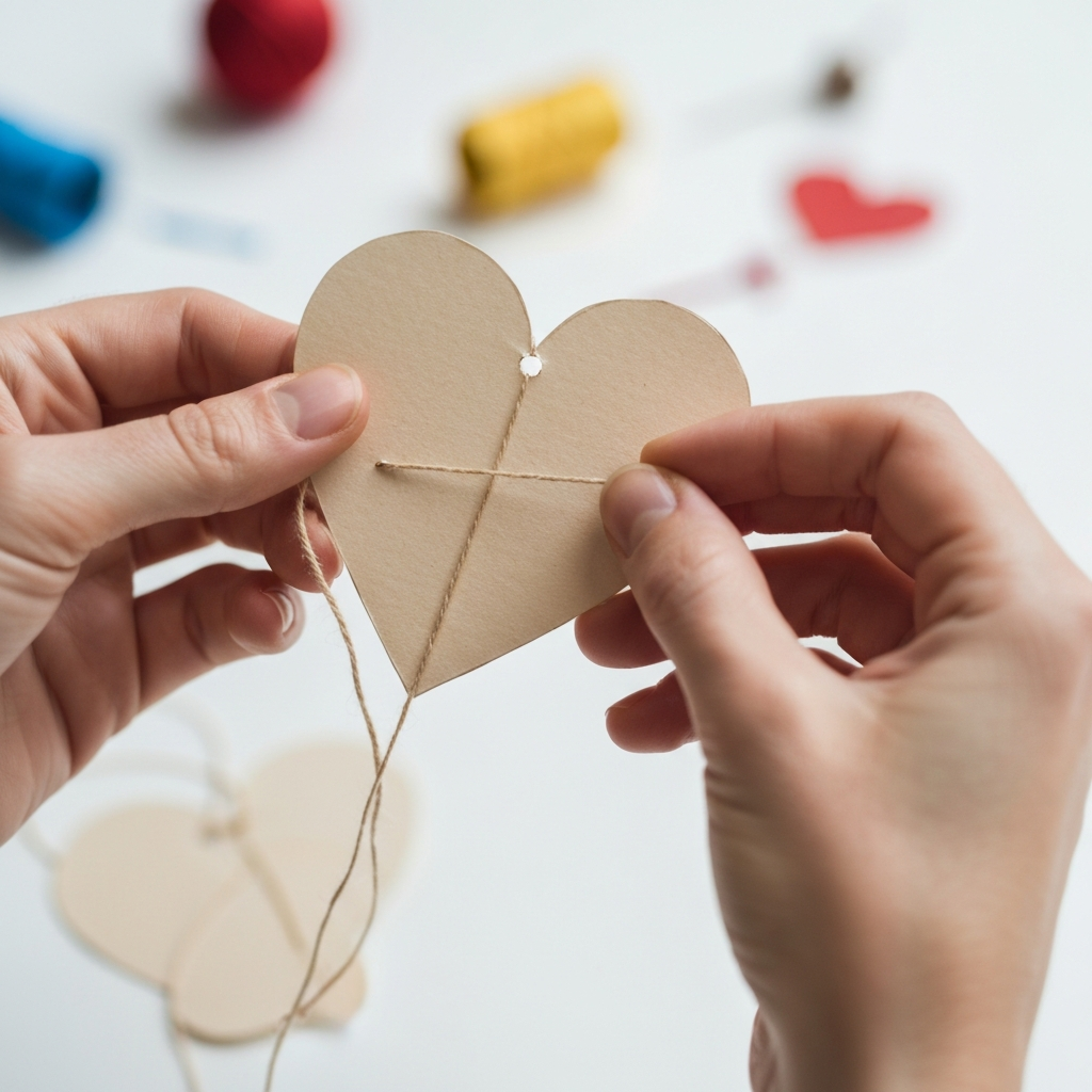 A close-up of hands threading string through a hole in a paper heart. Soft bokeh in the background shows other crafting materials. The heart is slightly textured.