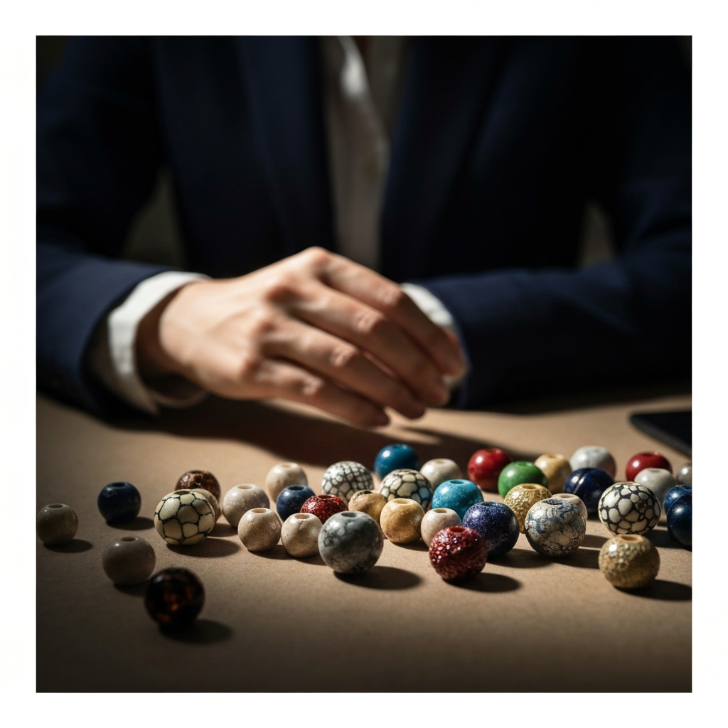 A variety of colorful beads scattered on a crafting table. Side-lit textures show the intricate patterns and materials of the beads.