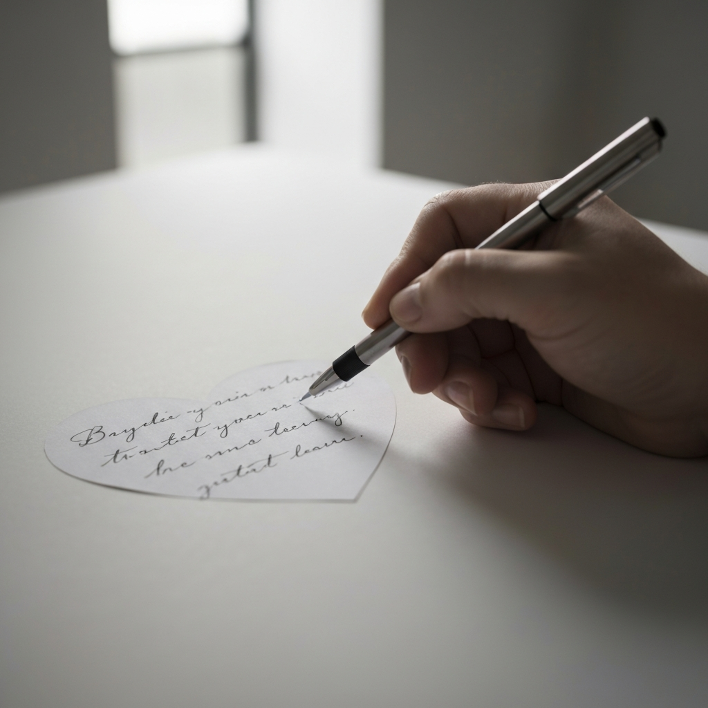 A hand writing a message on a paper heart with a fine-tipped pen. The lighting is soft and even, highlighting the details of the handwriting. The paper heart is slightly wrinkled.
