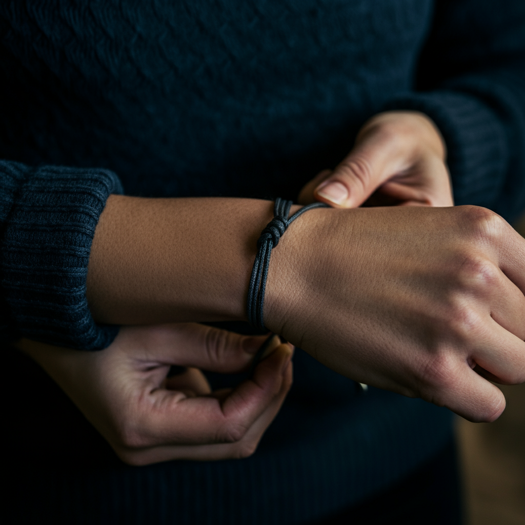 A bracelet being tied around a wrist, focusing on the knot being secured. Soft lighting with a slight blur to draw attention to the hands and the knotting process.