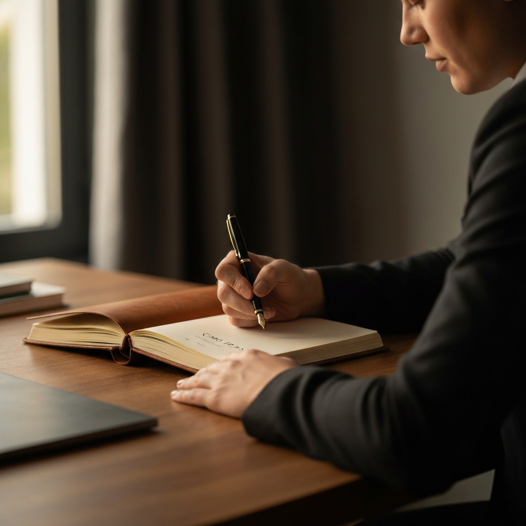 A warmly lit home office. A person sits at a wooden desk, thoughtfully writing notes in a leather-bound journal with a fountain pen. Soft bokeh from a nearby window. The journal is open to a page titled "Card Ideas".
