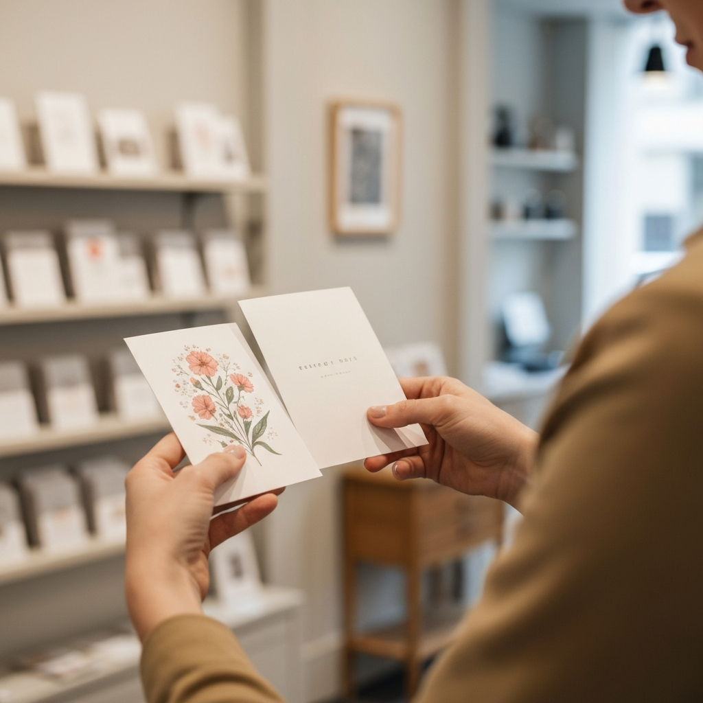 A brightly lit card shop. Focus is on a customer's hands carefully comparing two different greeting cards, one with floral details and another with minimalist text. The cards are held up against the soft-focused background of the shop.