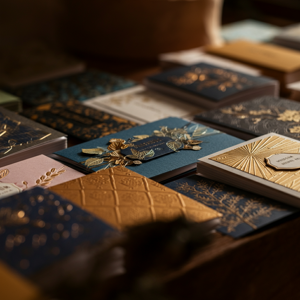 Close-up shot of various greeting cards on display. The cards are beautifully arranged, highlighting different textures, patterns, and embellishments like embossed details and metallic accents. Soft, diffused lighting to showcase the details.