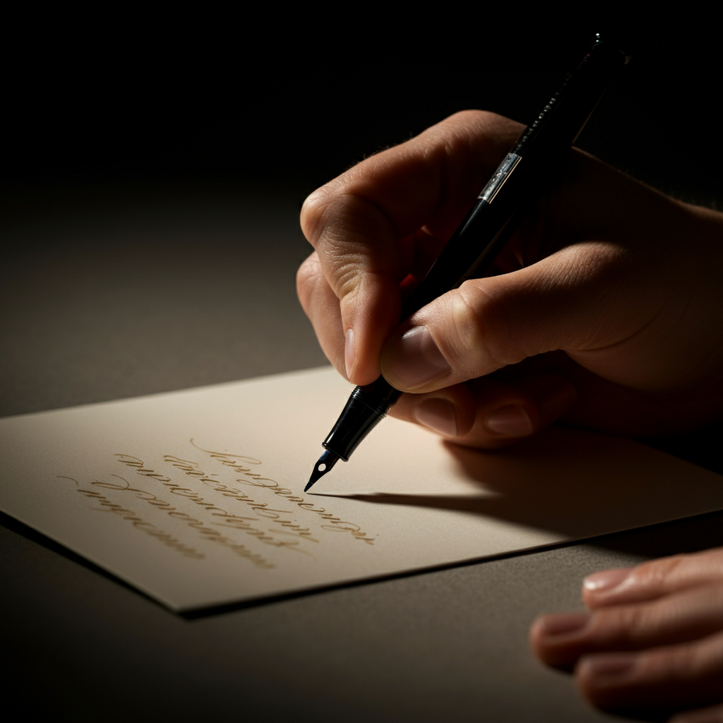 A person's hand elegantly writing a message in a greeting card with a fine-tipped pen. The lighting is warm and inviting, highlighting the texture of the paper and the flow of the ink. The handwriting is neat and legible.
