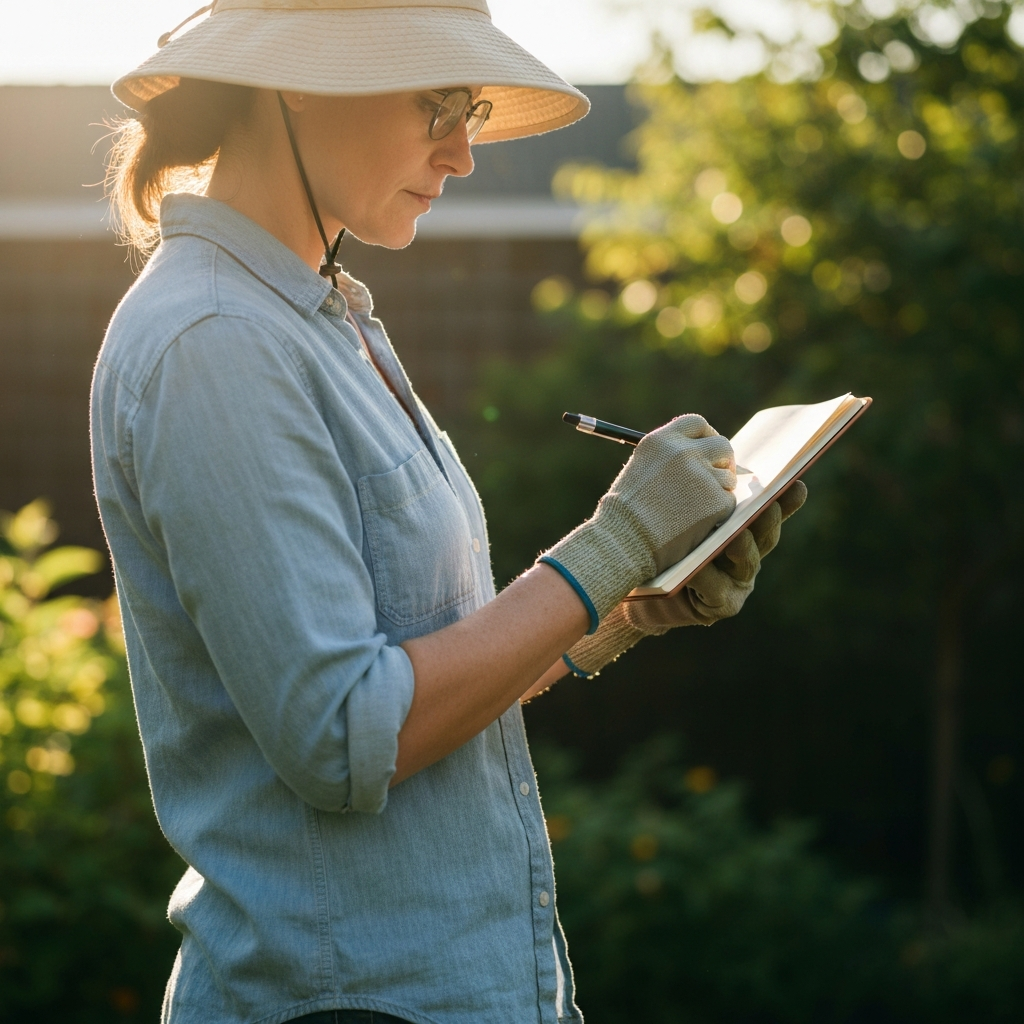 A person wearing gardening gloves and a sun hat sketches a garden layout in a notebook while standing in a sunny backyard. The person is partially side-lit by the afternoon sun. Soft bokeh of plants is visible in the background.