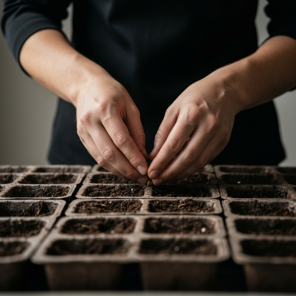A close-up shot of hands gently placing small seeds into seed-starting trays filled with soil. The hands are lit by soft, diffused light coming from above, highlighting the texture of the soil and the seeds.