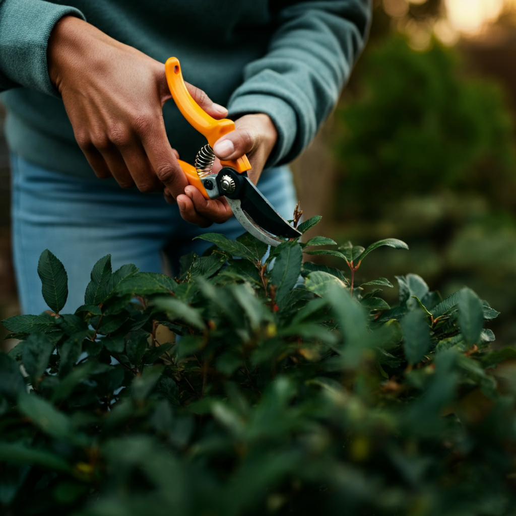 A gardener carefully cuts a stem from a mature plant using clean pruning shears. The scene is captured in natural light with shallow depth of field, focusing on the cutting point and the healthy green foliage.