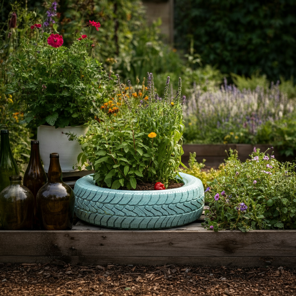 A collection of creatively repurposed items in a garden, including a brightly painted tire planter, a wooden pallet raised bed overflowing with vegetables, and a border made from colorful glass bottles. Soft morning light highlights the textures of the materials.