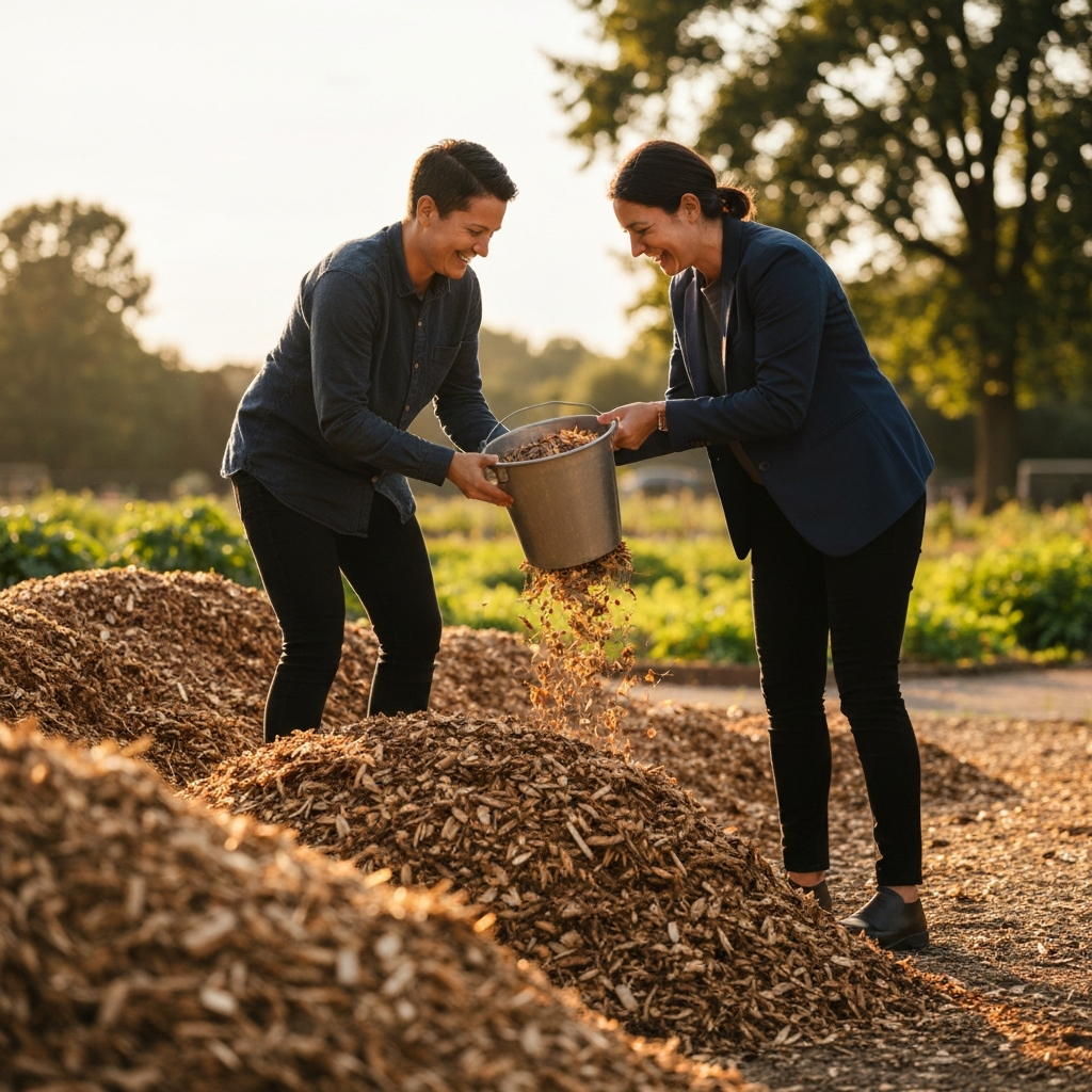 A person happily filling a bucket with wood chips from a large pile at a local community garden. The scene is shot with warm, golden hour lighting, emphasizing the texture of the wood chips and the natural setting.