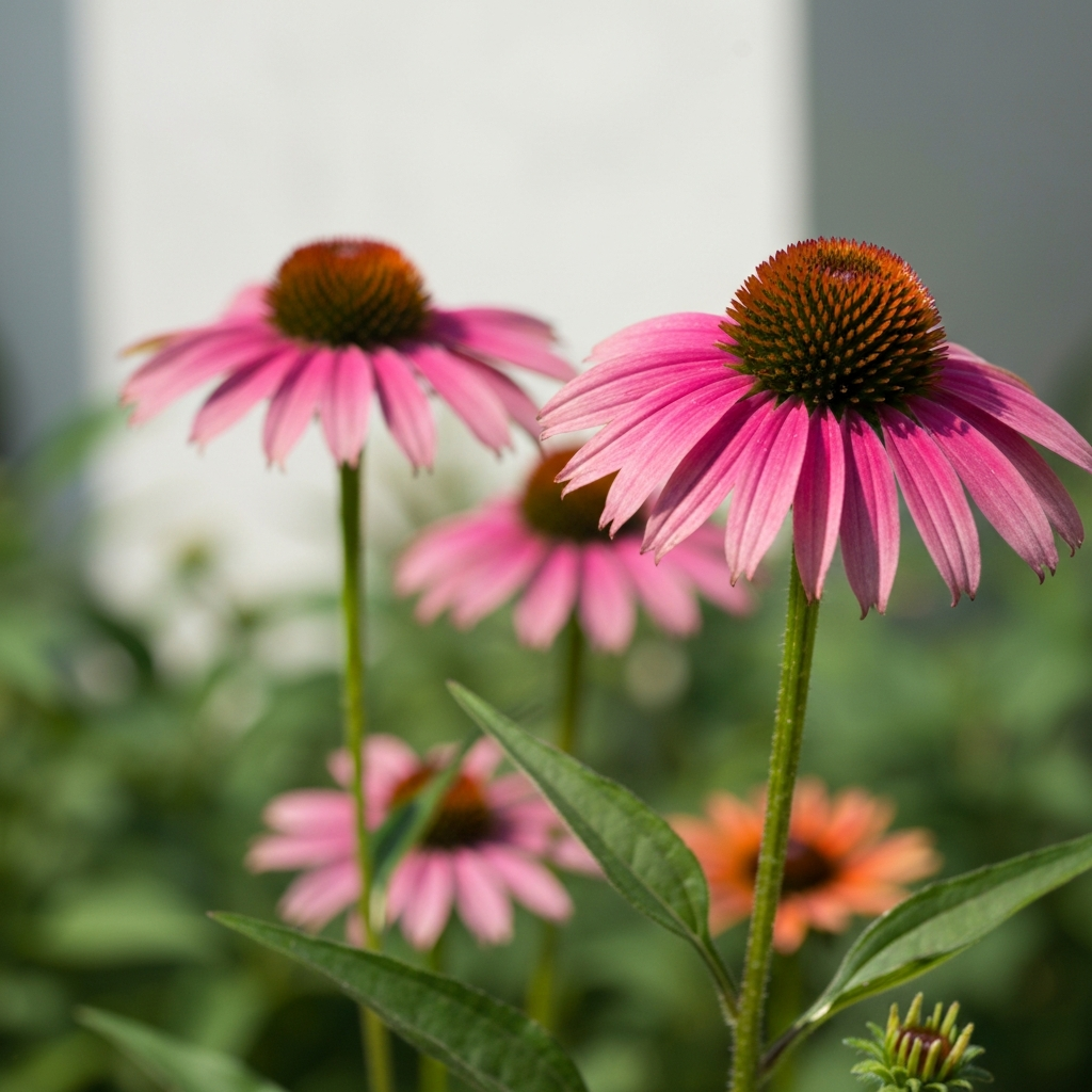 A close-up of a vibrant native plant, such as a coneflower or black-eyed Susan, in full bloom. The flower is sharply focused, with a soft, blurred background of green foliage. The scene is lit by natural sunlight, highlighting the flower's colors and textures.