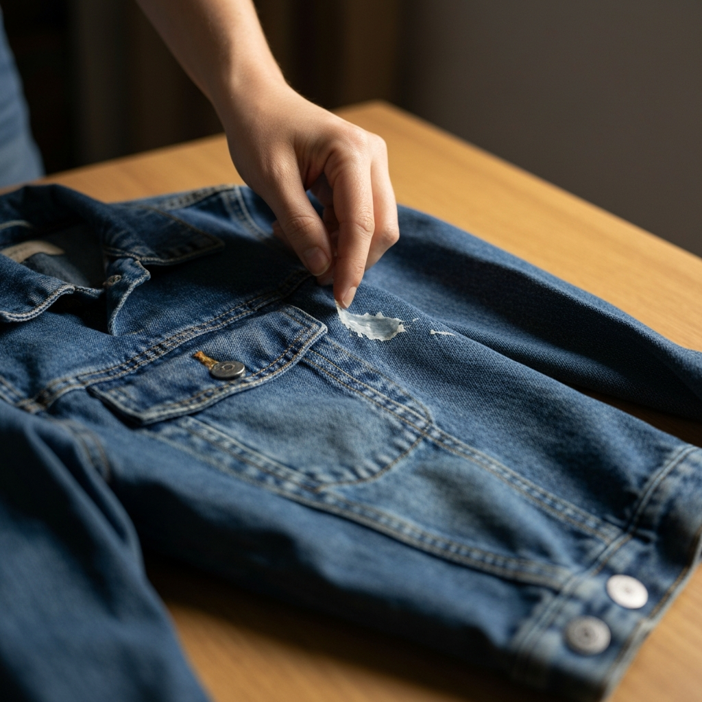 Close-up of a denim jacket laid flat on a well-lit table. A hand gently picks at a dried patch of glue on the fabric. Soft side lighting highlights the texture of the denim.