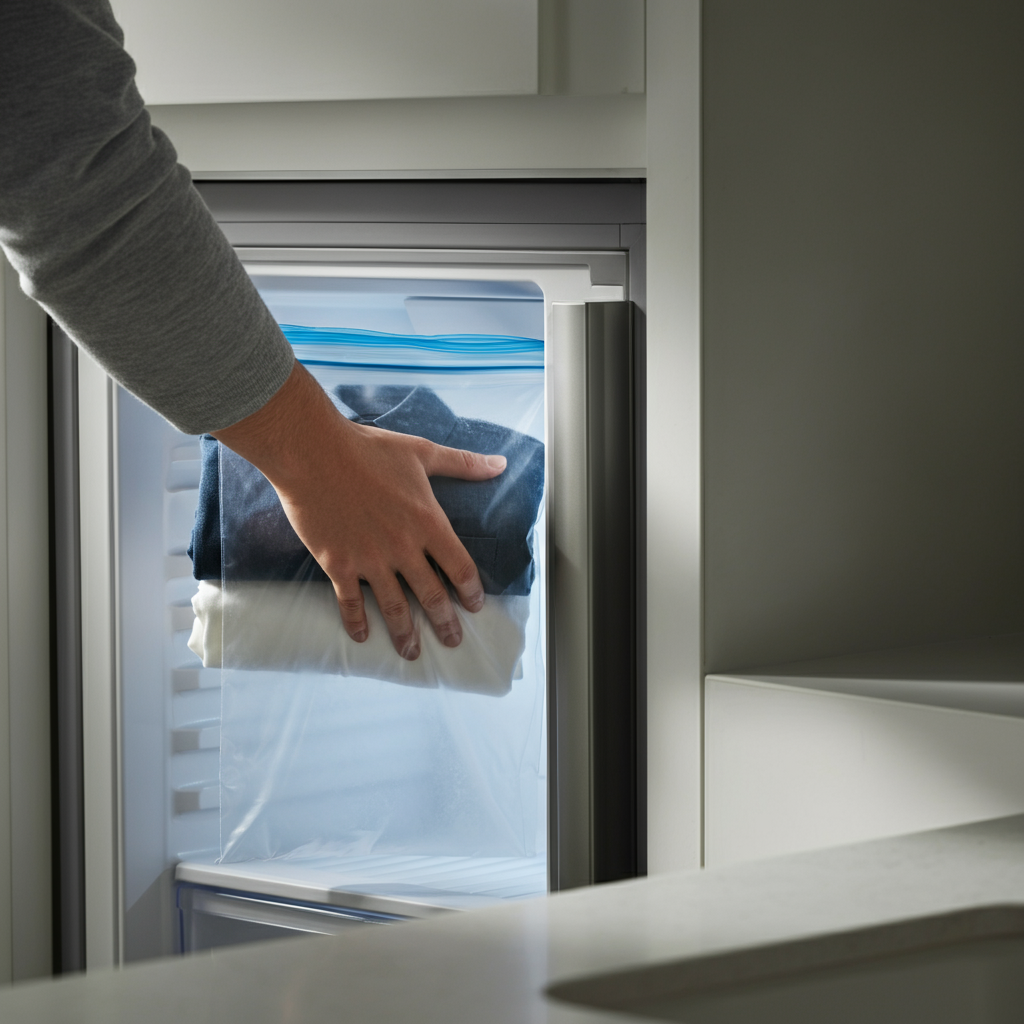 A hand placing a folded cotton shirt into a clear plastic freezer bag on a kitchen counter. The freezer door is slightly ajar in the background, with soft focus creating depth.