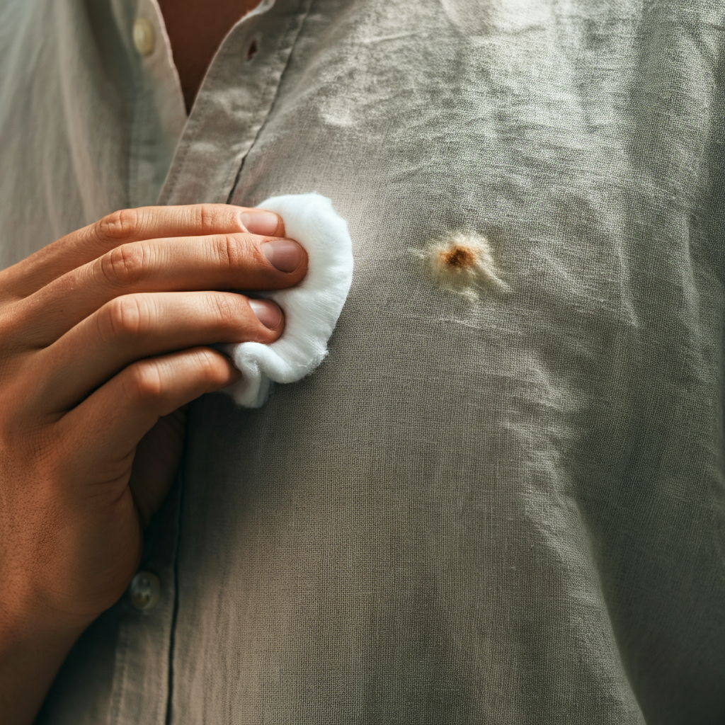 Close-up of a hand dabbing a cotton ball soaked in rubbing alcohol onto a small, isolated glue stain on a light-colored linen shirt. Focus is sharp on the cotton ball and stain, with soft bokeh in the background.