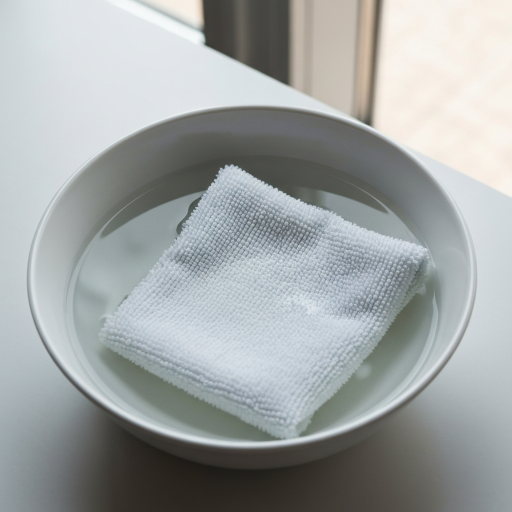 A white ceramic bowl containing a clear mixture of white vinegar and water. A folded microfiber cloth rests partially submerged in the solution. Natural light streams in from a nearby window.