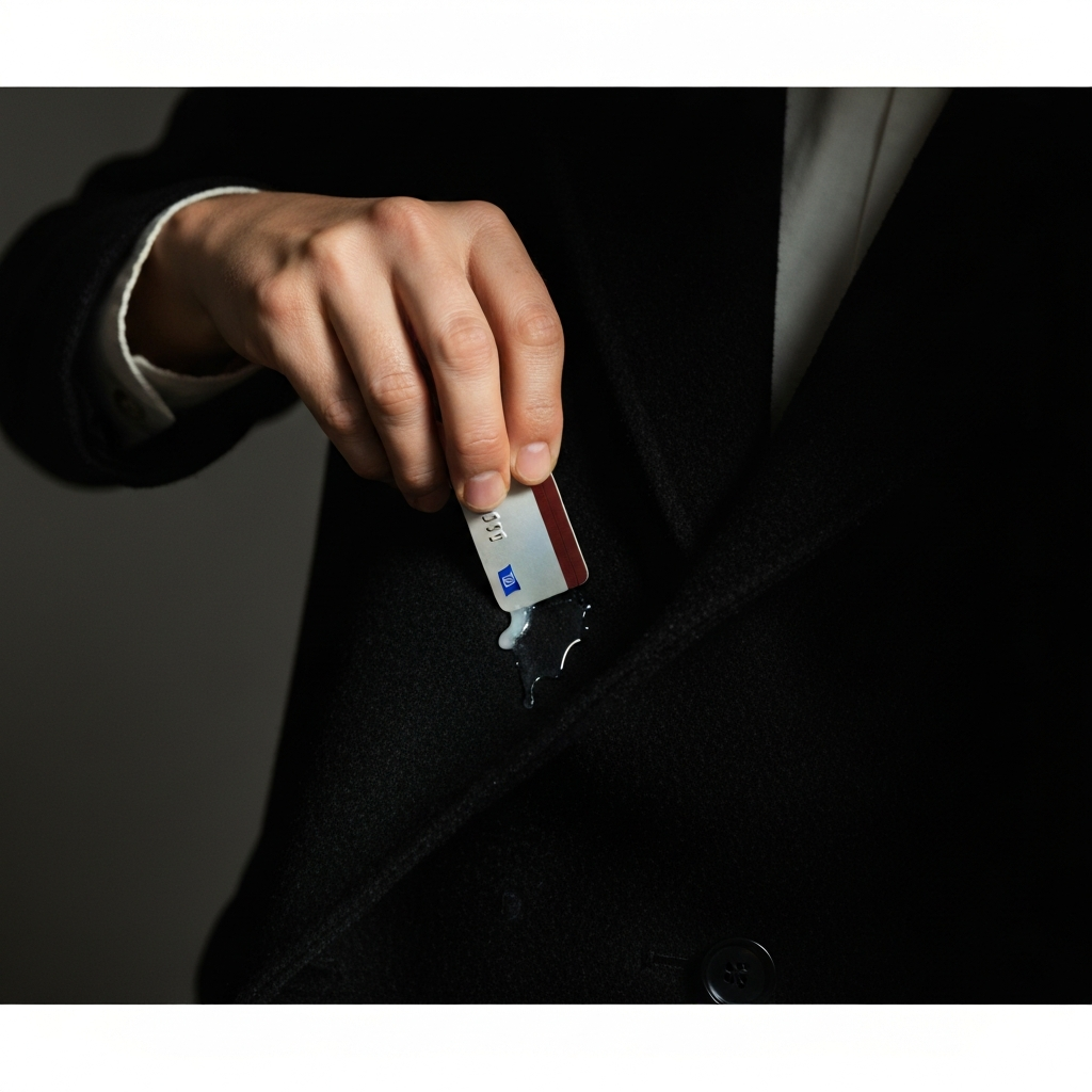 A hand gently scraping a softened glue stain on a dark wool coat with the edge of a credit card. Soft, diffused lighting highlights the texture of the wool.