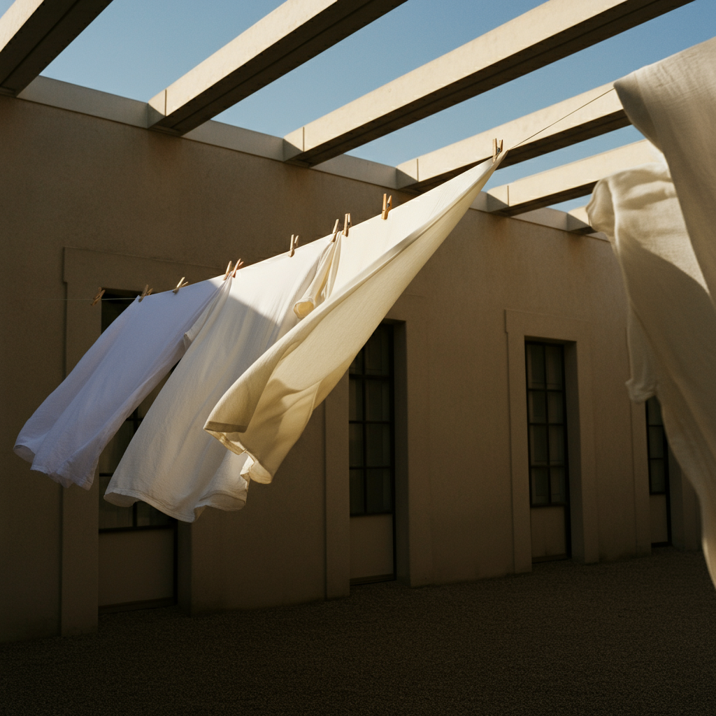 A clean garment hanging on a clothesline outdoors, gently swaying in the breeze. Golden hour lighting creates a warm, inviting atmosphere.