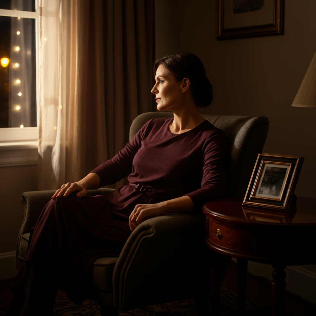 A warmly lit interior featuring a woman sitting in a comfortable armchair, gazing thoughtfully out of a window. Soft bokeh from the streetlights filters through the sheer curtains. A small, framed photograph rests on a nearby side table.
