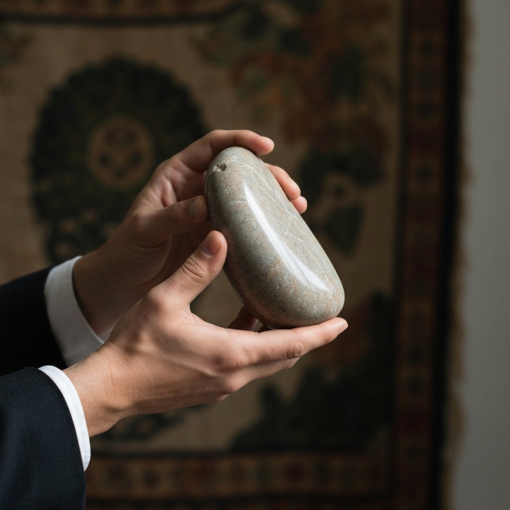 A close-up of hands gently holding a smooth, polished stone. The stone is side-lit, highlighting its texture and subtle variations in color. The background is a blurred tapestry with earthy tones.