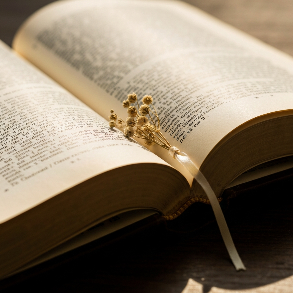 A soft, natural light illuminates an open, antique Bible. The pages are slightly yellowed with age, and a delicate bookmark made of dried flowers rests between the leaves. The focus is on the texture of the paper and the intricate details of the printed text.