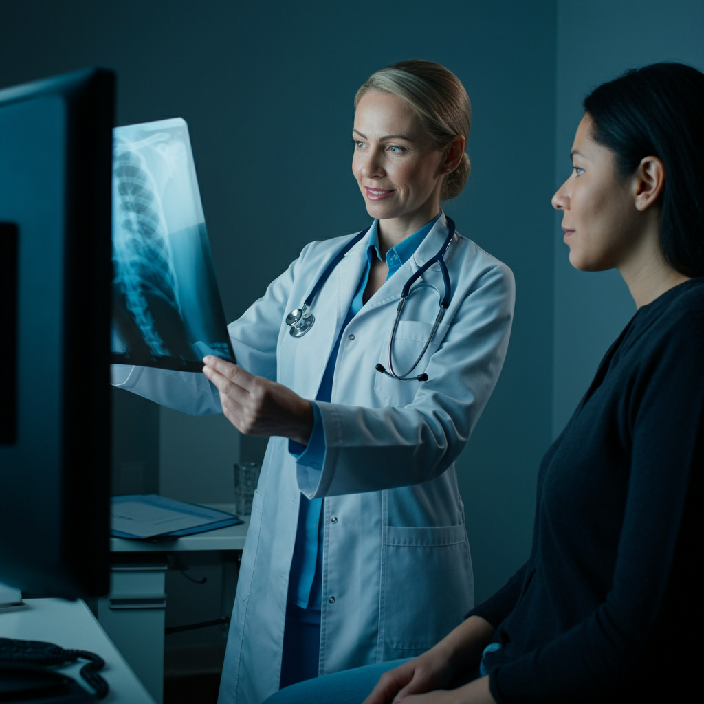 A brightly lit doctor's office. A female doctor in a white coat is smiling kindly as she examines an X-ray with a patient. The X-ray shows a healthy, strong bone structure.