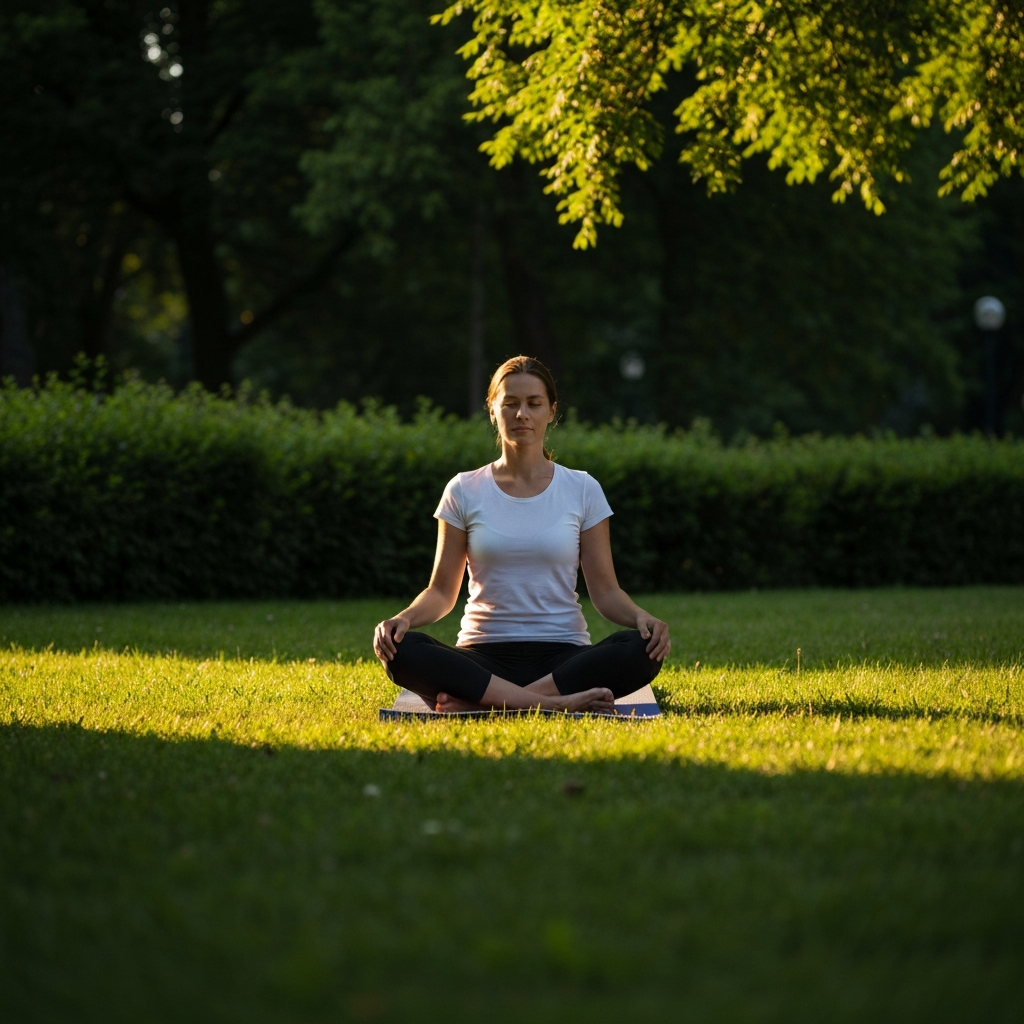 A serene outdoor setting. A person is sitting cross-legged on a yoga mat in a park, surrounded by lush greenery. The scene is bathed in golden hour lighting, creating a warm and peaceful atmosphere.