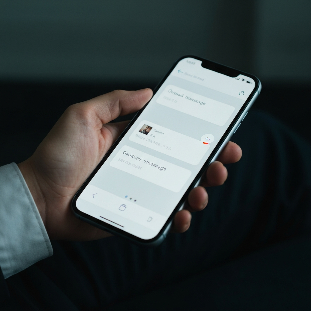 A close-up shot of a hand holding a smartphone, the screen displaying an unread message notification. Soft, diffused light illuminates the hand and phone.