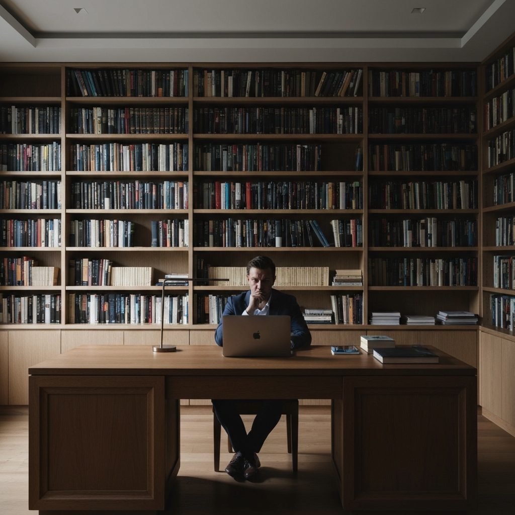 A dimly lit study, filled with bookshelves and a large wooden desk. A person sits at the desk, their face partially obscured by shadow as they stare thoughtfully at a closed laptop.