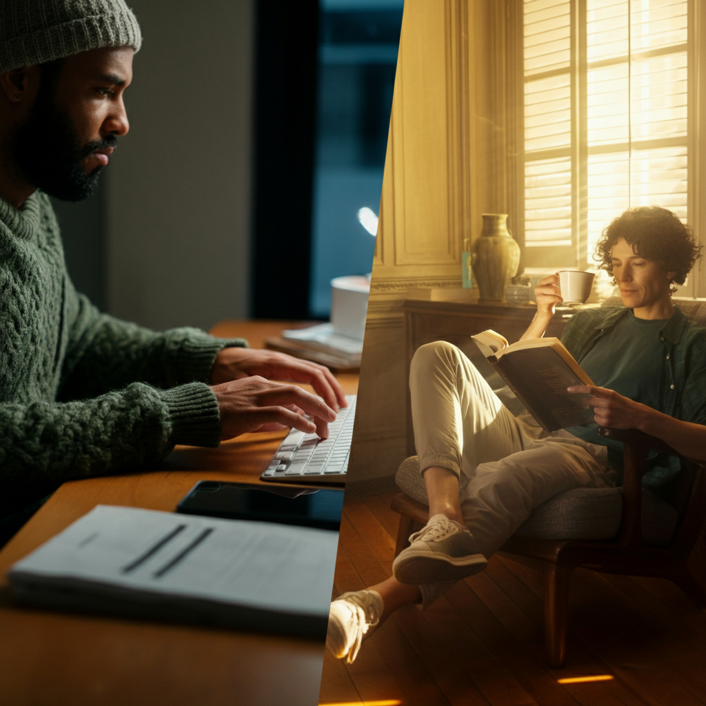 A split-screen image. On one side, a person is frantically typing on a keyboard in a busy office environment. On the other side, a person sits calmly in a quiet, sunlit room, sipping tea and reading a book.