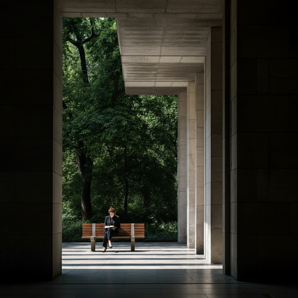 A person sitting on a park bench, writing in a journal. The surrounding trees are lush and green, providing a sense of tranquility.