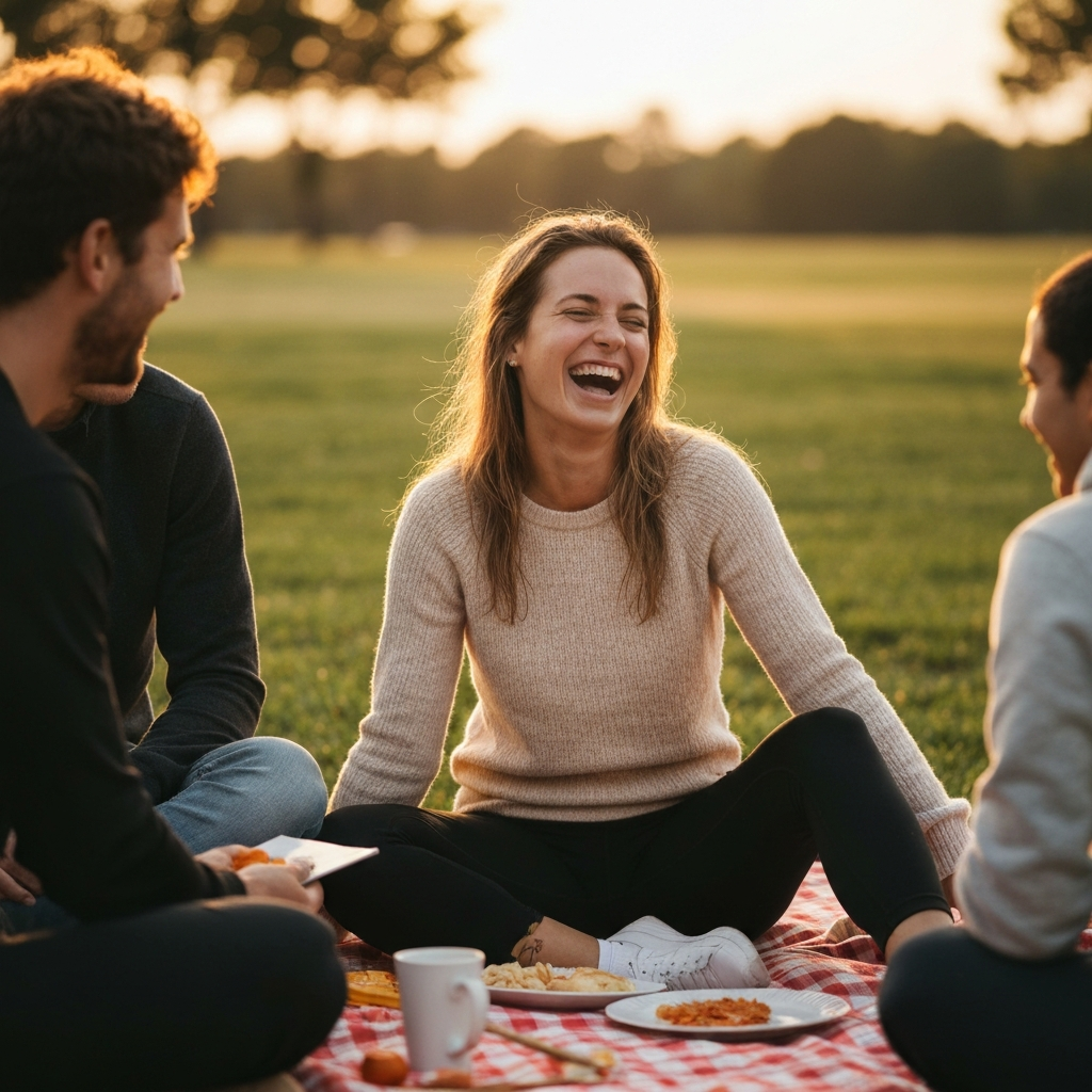 A person laughing and smiling while surrounded by friends at a picnic. The atmosphere is warm and inviting.