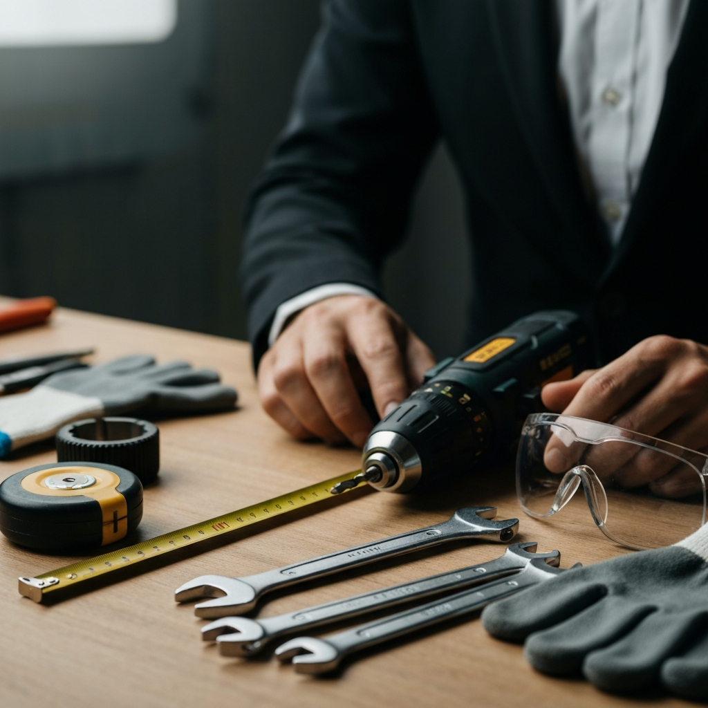 Close-up shot of various tools neatly arranged on a workbench: a measuring tape, a drill with various drill bits, a set of wrenches, safety glasses, and work gloves. The tools are well-lit with a soft, diffused light, casting minimal shadows. The background is slightly blurred, focusing attention on the tools.