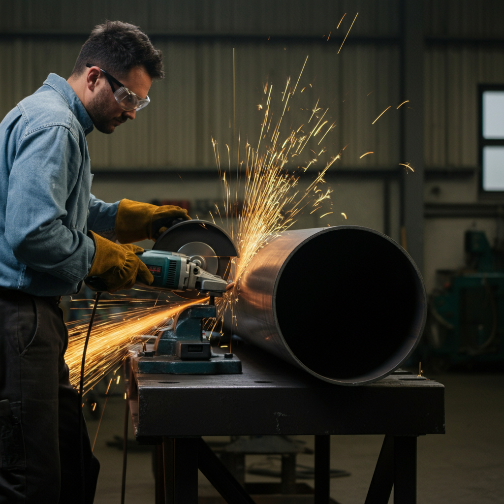 A person wearing safety glasses and work gloves using a metal-cutting saw to cut a steel pipe in a well-ventilated workshop. Sparks are flying from the cutting point. The shot is taken from a safe distance, capturing the action and emphasizing safety precautions.