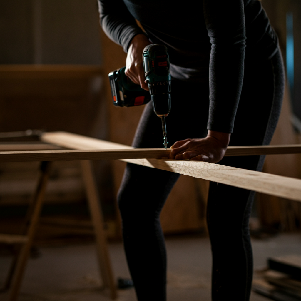 A side-lit shot of two wooden planks being joined together with screws using a power drill. The wood grain is visible and detailed. Soft bokeh in the background shows other construction materials.