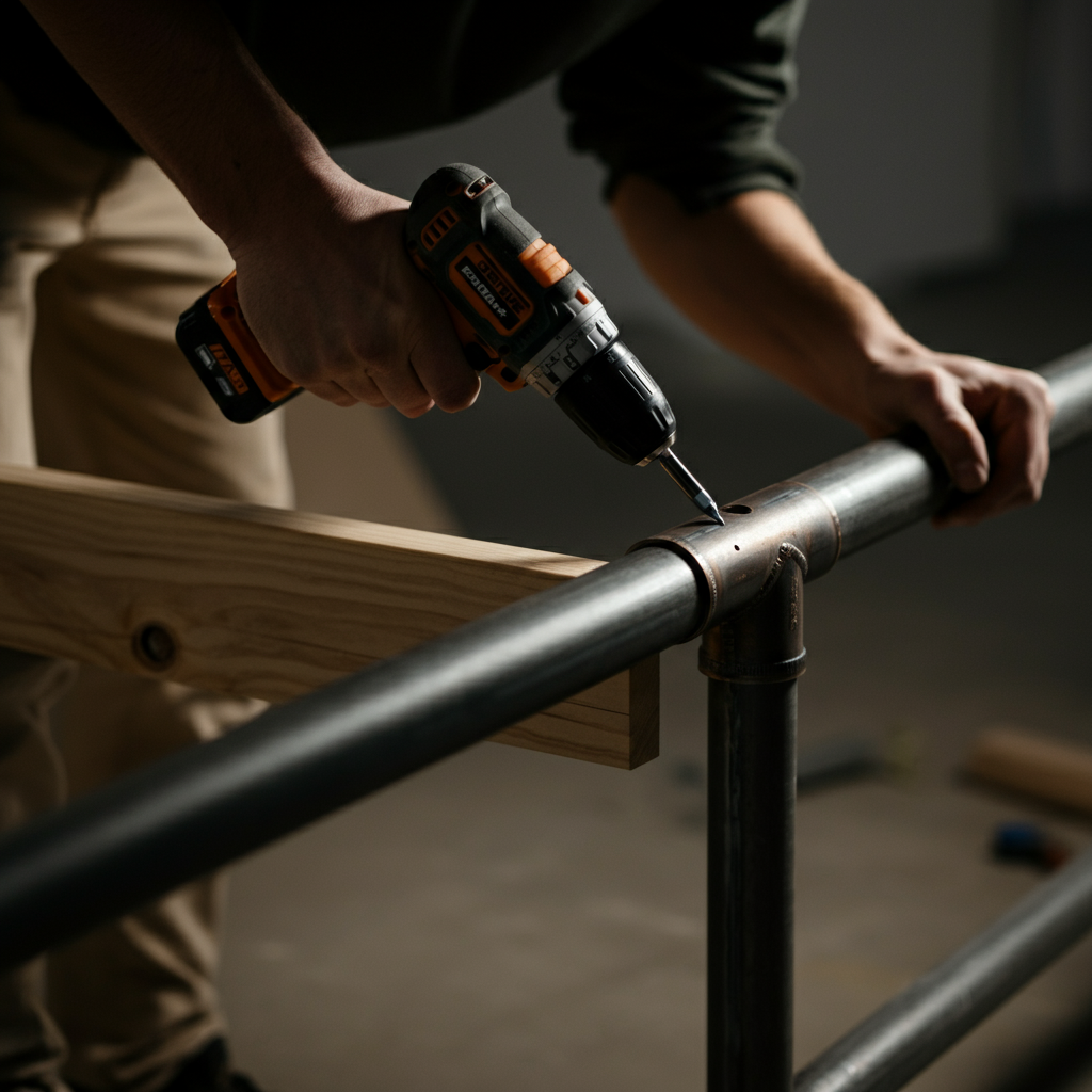 Medium shot showing a person carefully attaching a steel pipe to the wooden supports of a skateboard rail. They are using a drill to secure the pipe with screws. The scene is well-lit, with a focus on the hands and the connection point.
