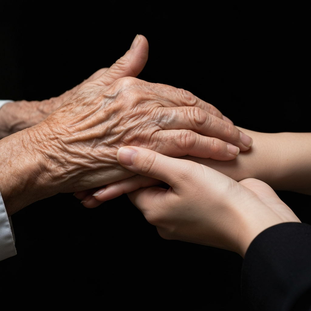 A close-up shot of two hands, one older and wrinkled, resting gently on a younger, smoother hand. Soft, diffused lighting highlights the texture of the skin and creates a sense of connection and care.
