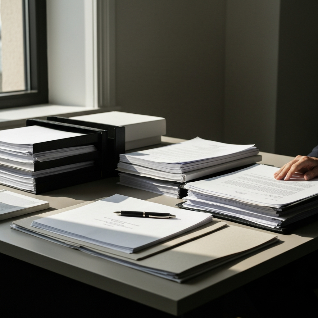 A neatly organized desk with stacks of official-looking documents and folders. Natural light streams in from a window, illuminating the papers and creating a sense of order and diligence. A pen rests on top of one of the folders.