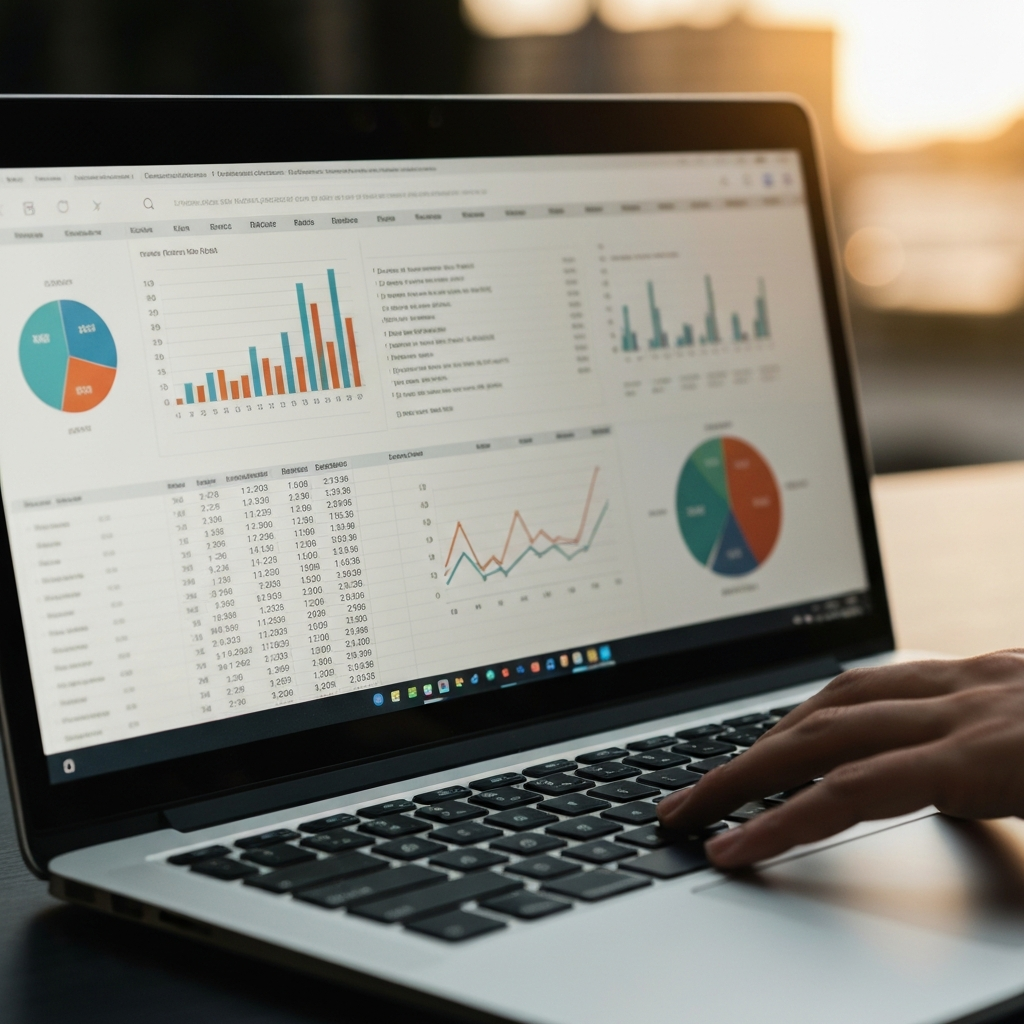 A laptop screen displaying a spreadsheet with financial data, graphs, and charts. The screen is softly lit, and the background is blurred to focus on the data. A hand is visible, hovering over the keyboard, ready to input more information.