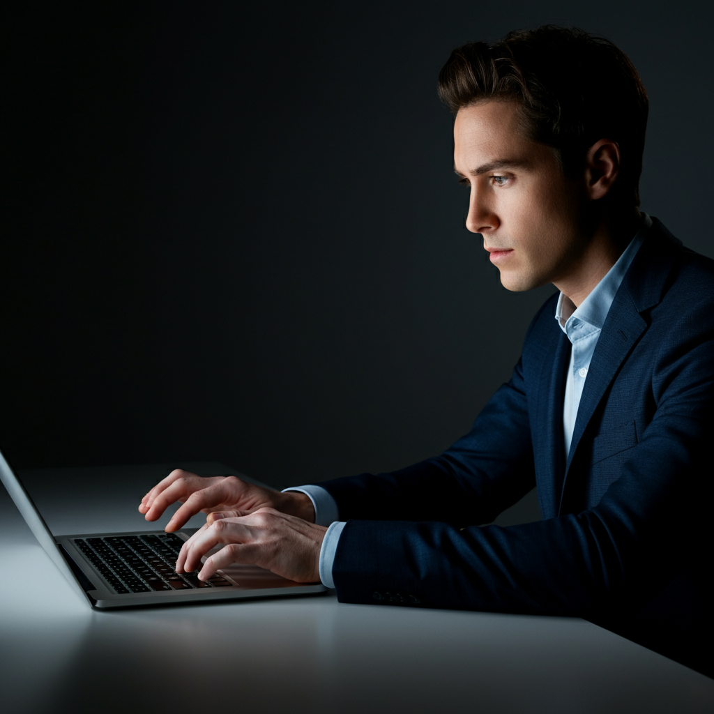 A person sitting at a desk, focused on a laptop screen. Soft, ambient light illuminates their face, and their hands are actively typing on the keyboard. The expression on their face suggests concentration and diligence.